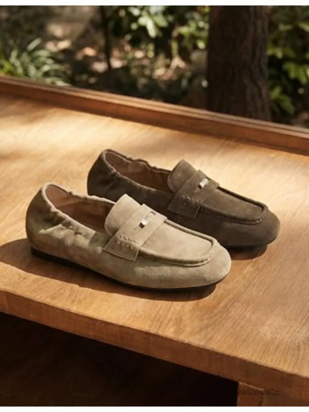 Genuine Leather Suede Loafers, Square Toe Slip On Dress Shoes for Women